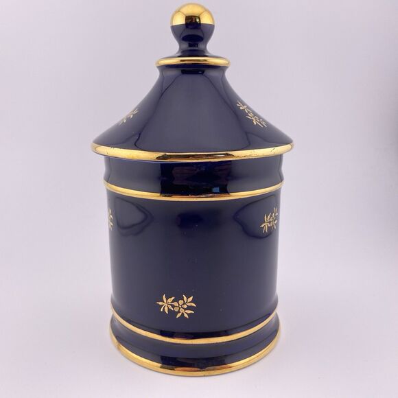 Limoges France Porcelain Trinket Jar Blue Gold Trim w/ Lid - Picture 3 of 7